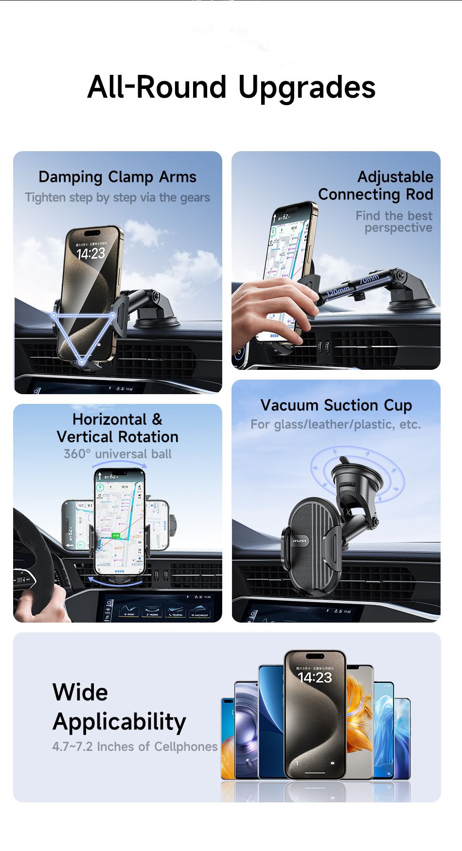 X72 360° Rotation Car Phone Holder, Auto Lock Air Vent Mount for All Mobile Phones,black