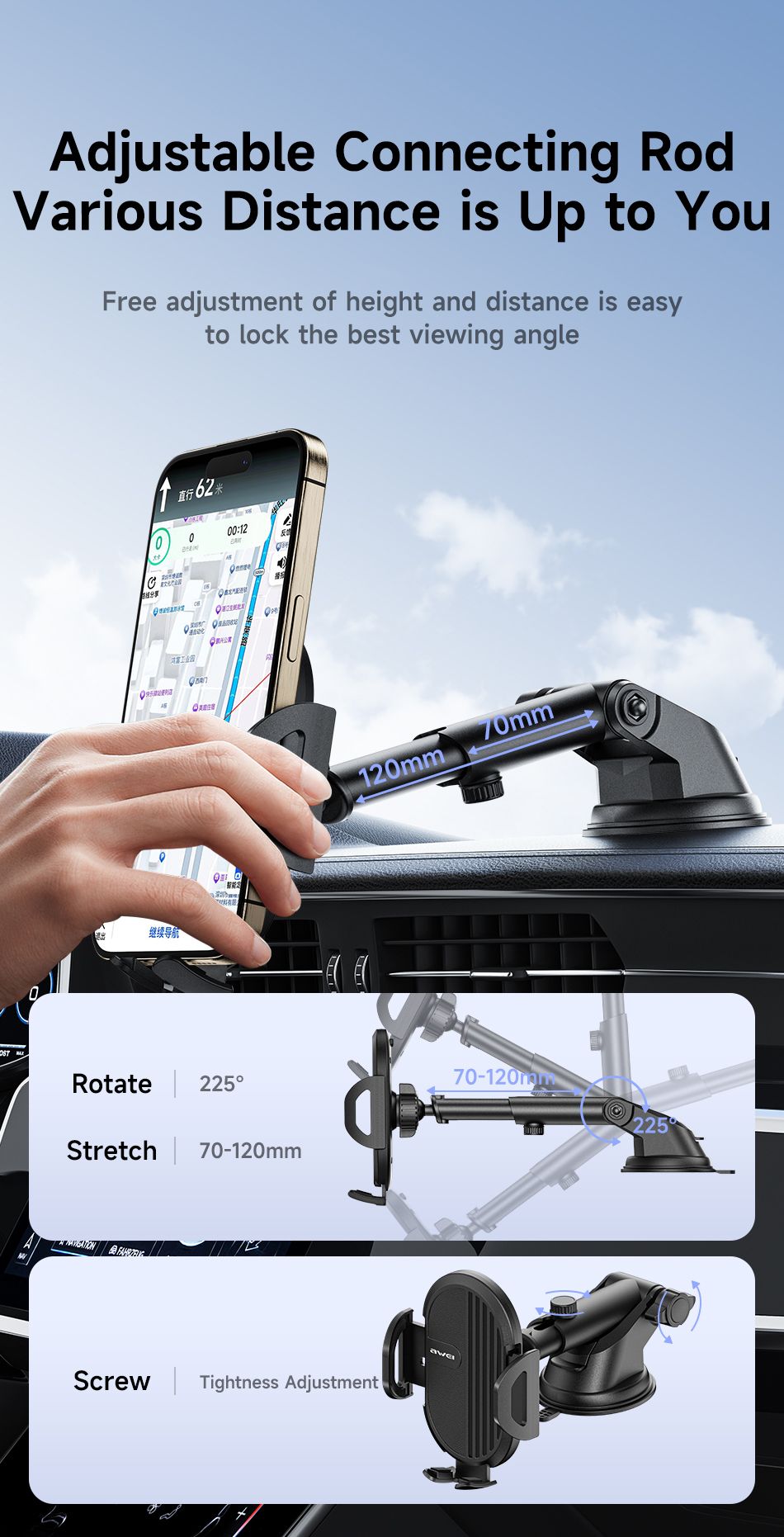 X72 360° Rotation Car Phone Holder, Auto Lock Air Vent Mount for All Mobile Phones,black