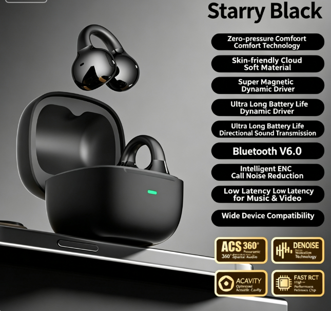 Y63 Zero Pressure Open Ear Wireless Earbuds Bluetooth 6.0 Heavy Bass Headphones,black