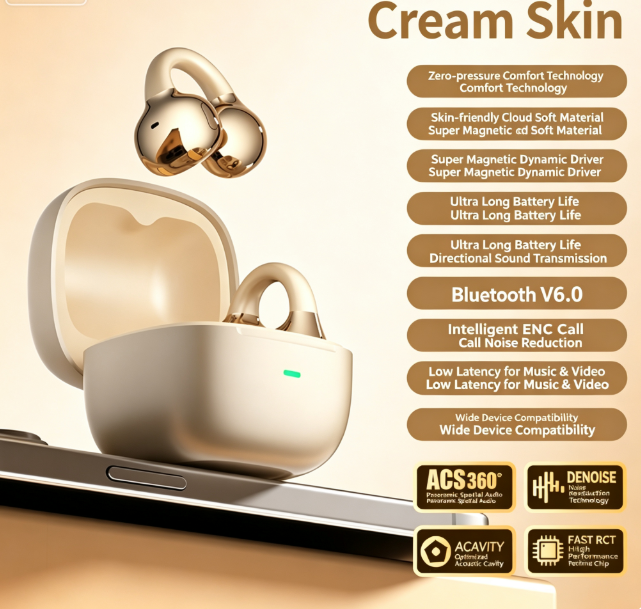 Y63 Zero Pressure Open Ear Wireless Earbuds Bluetooth 6.0 Heavy Bass Headphones,Cream Skin