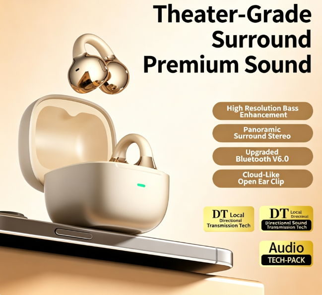 Y63 Zero Pressure Open Ear Wireless Earbuds Bluetooth 6.0 Heavy Bass Headphones,Cream Skin