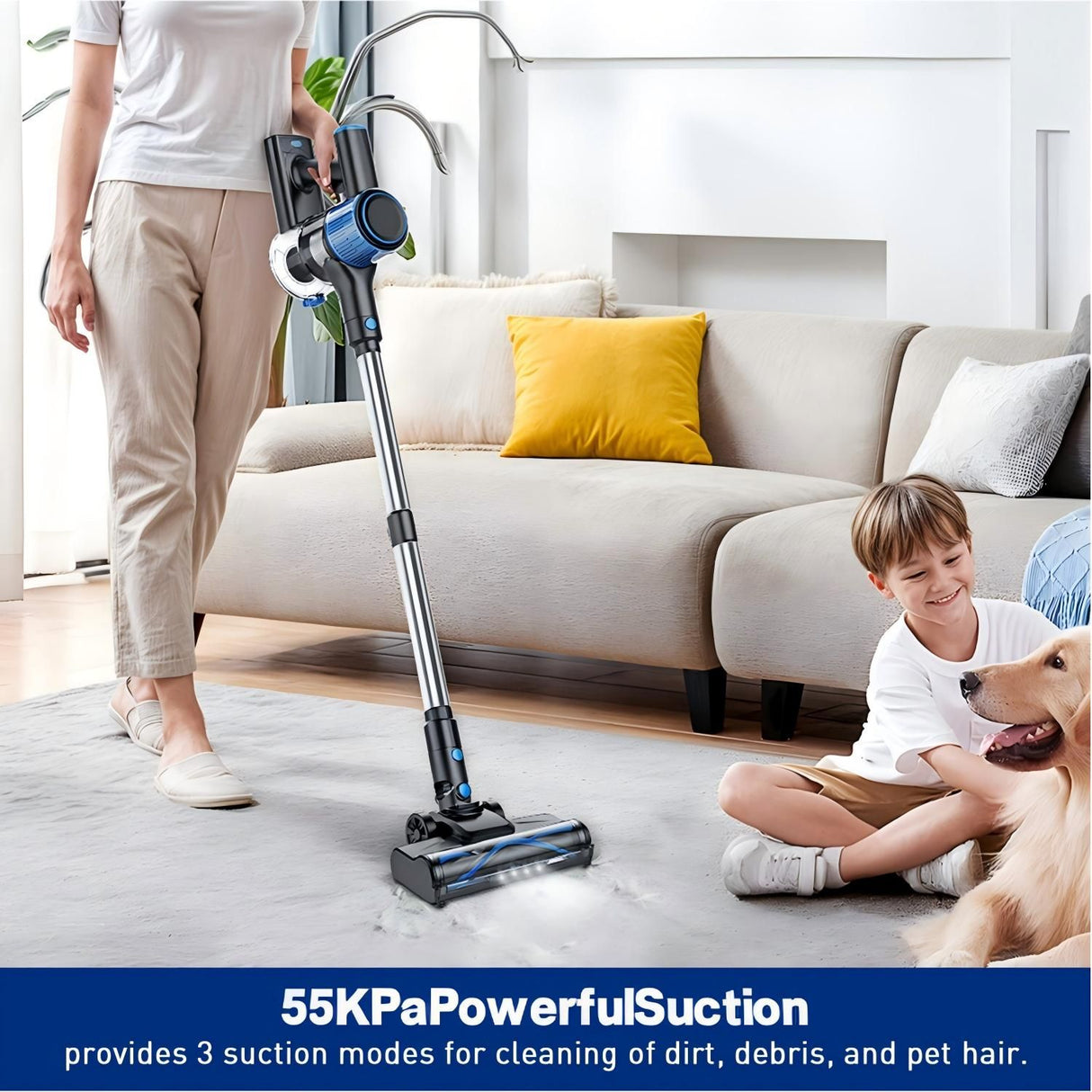 Cordless Vacuum Cleaner, 8 In 1 Powerful Suction Lightweight Vacuum Cleaner For Home, Led Display, 3 Suction Modes, 55Kpa Powerful Suction,45mins Detachable Battery Vacuum For Hard Floor Carpet Pet Hair
