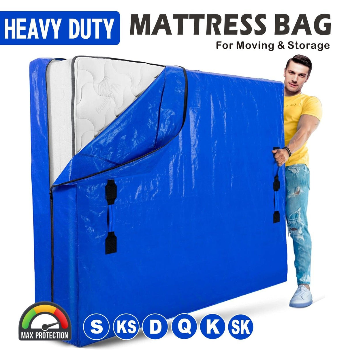 Mattress Bag Mattresses Protector Plastic Moving Storage Dust Cover Carry Bed Waterproof Zipper Packing Reusable Disposal, Extra Thick Heavy Duty, with Handles(Queen)