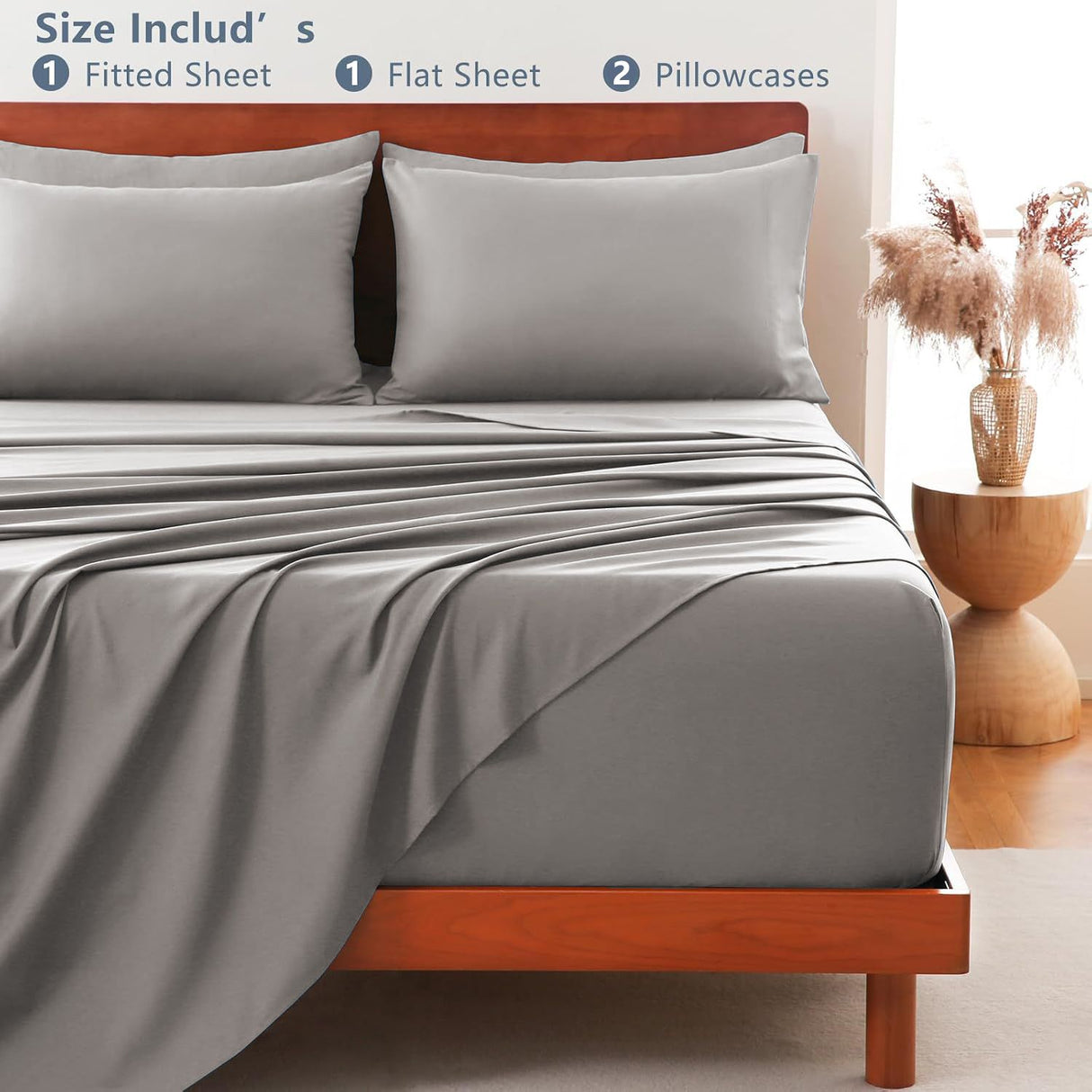 Hotel Soft Bed Sheet Set- Bedding Sheets & Pillowcases -Breathable Bedding - Wrinkle, Fade, Stain Resistant-Deep Pocket Flat Fitted Bed Sheet Set(Grey,King)