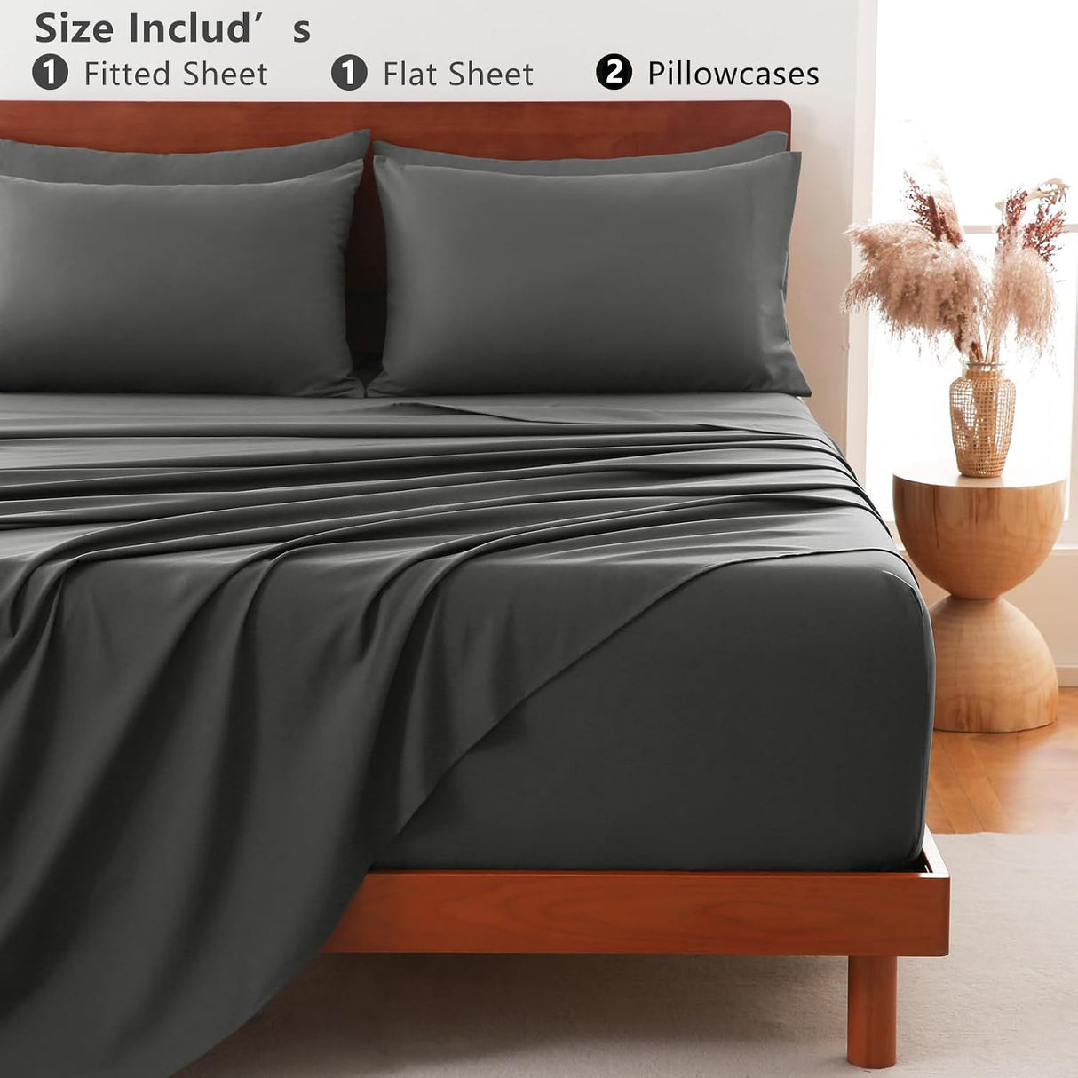 Hotel Soft Bed Sheet Set- Bedding Sheets & Pillowcases -Breathable Bedding - Wrinkle, Fade, Stain Resistant-Deep Pocket Flat Fitted Bed Sheet Set(Dark gray,King)