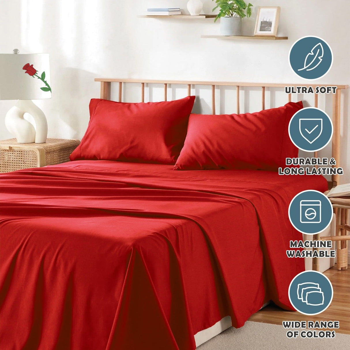 4 Piece Bed Sheet Set- Bedding Sheets & Pillowcases -Breathable Bedding - Wrinkle, Fade, Stain Resistant-Deep Pocket Flat Fitted Bed Sheet Set(Red,King)
