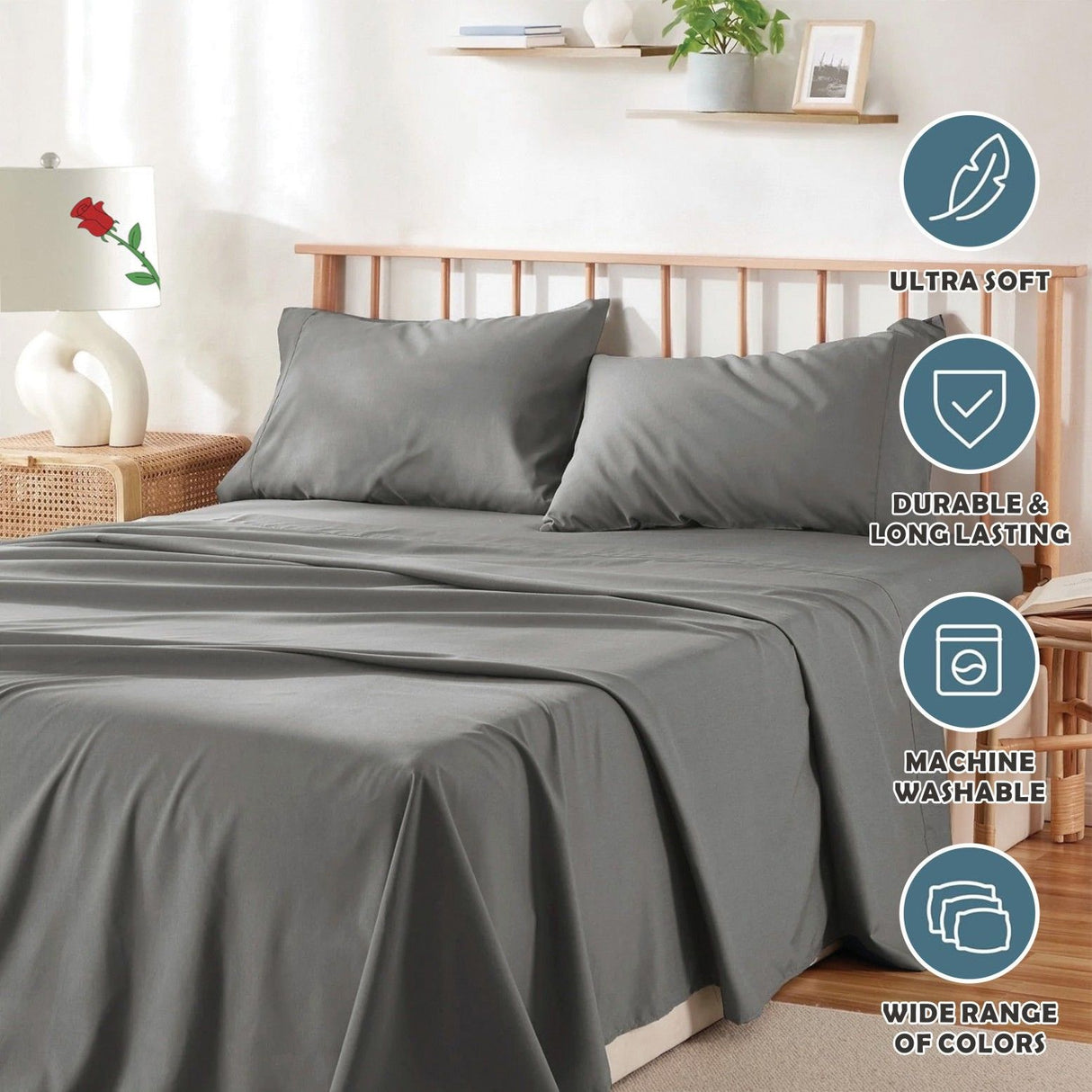 4 Piece Bed Sheet Set- Bedding Sheets & Pillowcases -Breathable Bedding - Wrinkle, Fade, Stain Resistant-Deep Pocket Flat Fitted Bed Sheet Set(Grey,King)