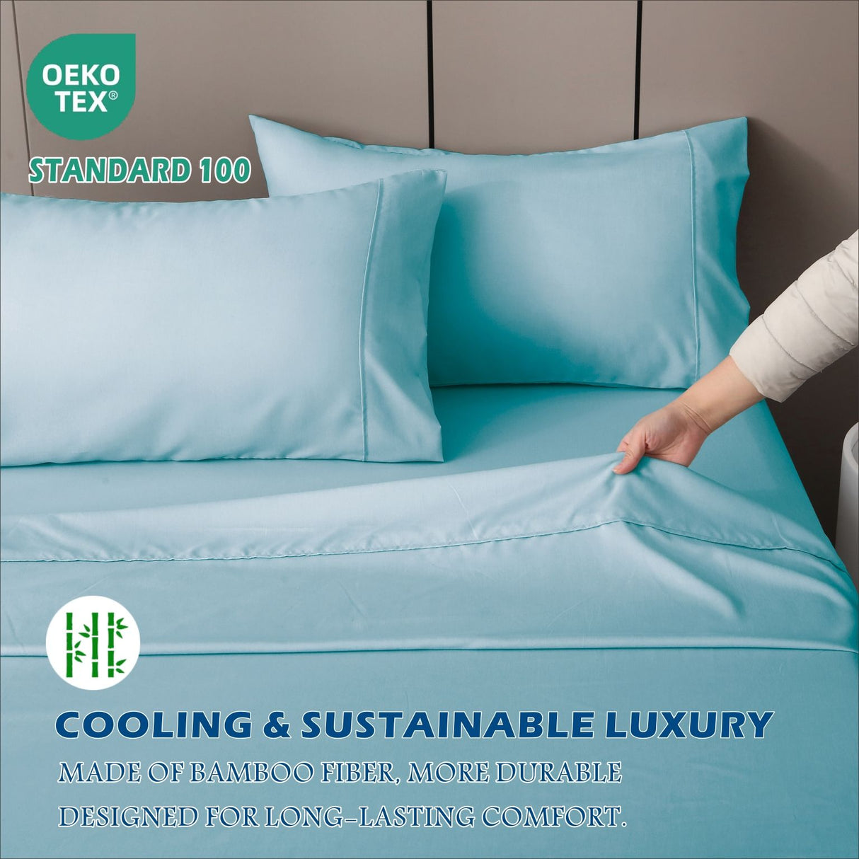 4 Piece Hotel Bamboo Cooling Sheet Set -Ultra Soft 2000TC Breathable Bed Sheets Set with 37 Centimetre Deep Pocket-Cooling Sheets for Hot Sleepers(Sky Blue,Double)