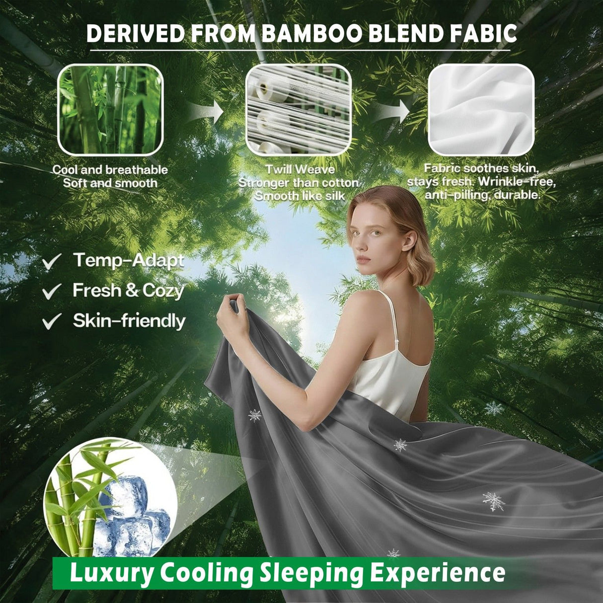 4 Piece Hotel Bamboo Cooling Sheet Set -Ultra Soft 2000TC Breathable Bed Sheets Set with 37 Centimetre Deep Pocket-Cooling Sheets for Hot Sleepers(Grey,Queen)