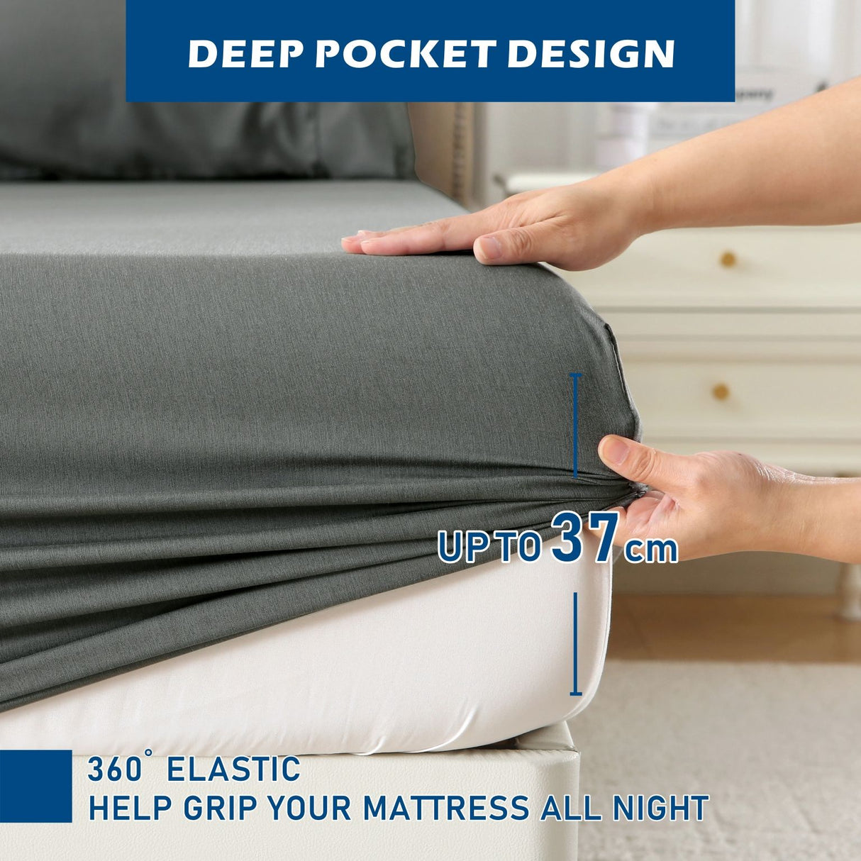 4 Piece Hotel Bamboo Cooling Sheet Set -Ultra Soft 2000TC Breathable Bed Sheets Set with 37 Centimetre Deep Pocket-Cooling Sheets for Hot Sleepers(Grey,Queen)
