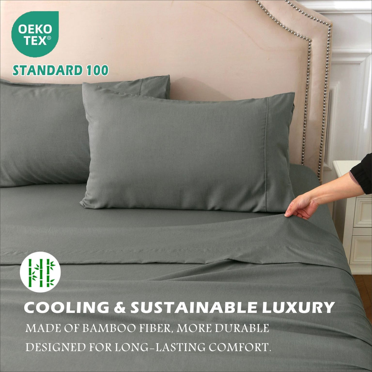4 Piece Hotel Bamboo Cooling Sheet Set -Ultra Soft 2000TC Breathable Bed Sheets Set with 37 Centimetre Deep Pocket-Cooling Sheets for Hot Sleepers(Grey,Queen)