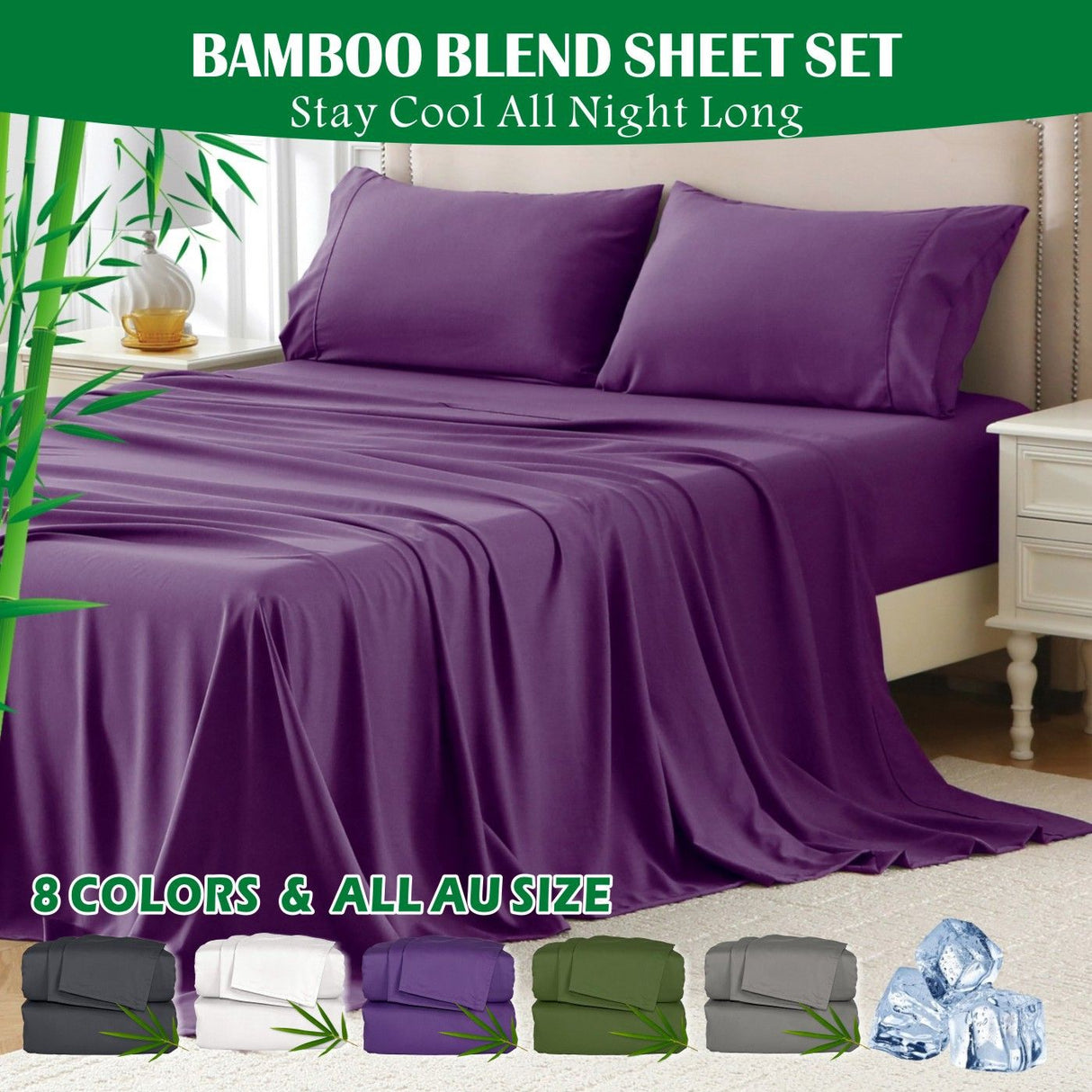 4 Piece Hotel Bamboo Cooling Sheet Set -Ultra Soft 2000TC Breathable Bed Sheets Set with 37 Centimetre Deep Pocket-Cooling Sheets for Hot Sleepers(Purple,Queen)