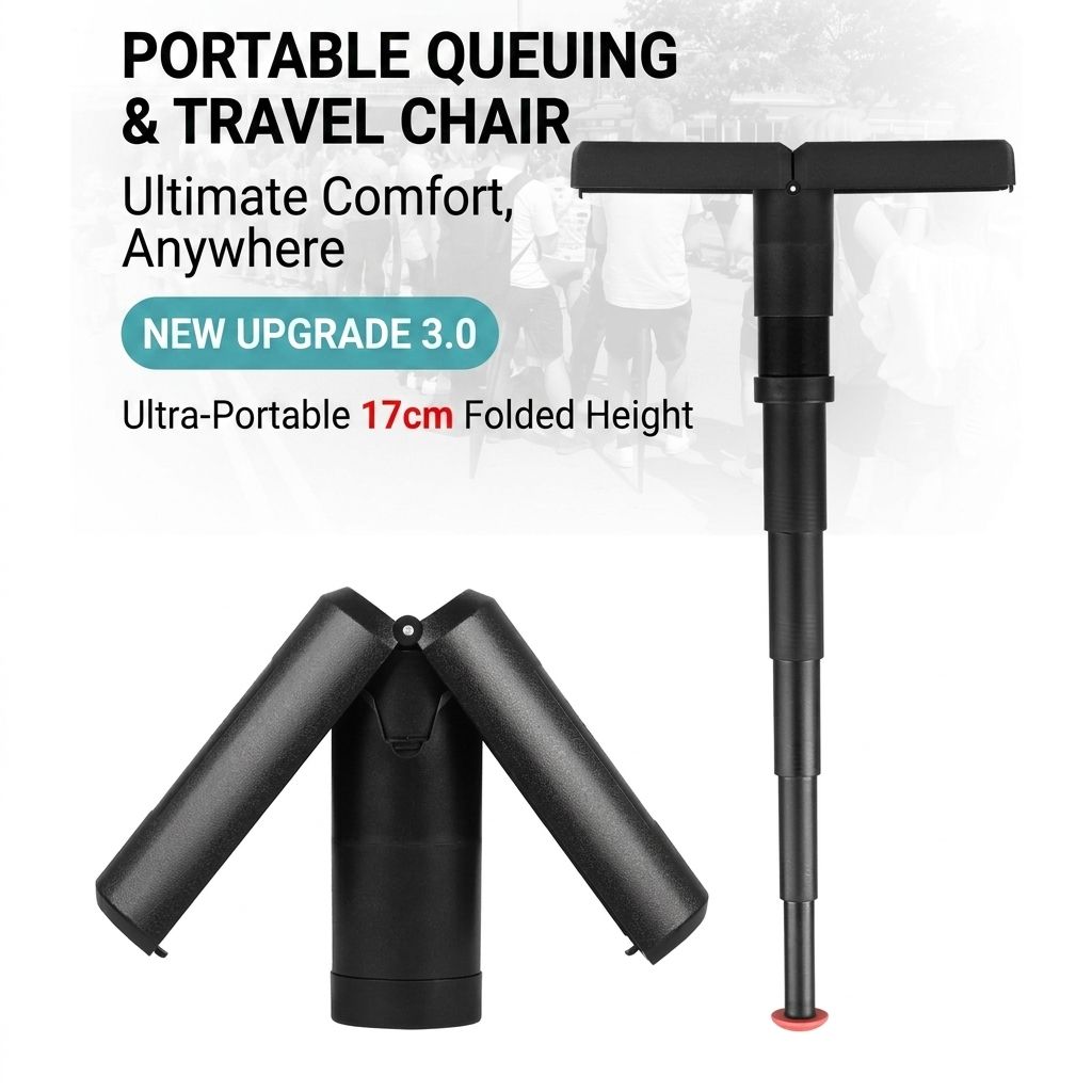 Portable Folding Stool with Adjustable Height for Travel, Commuting, Queueing, and Outdoor Activities – Compact Collapsible Single-Leg Seat with Sturdy Steel Core and Non-Slip Base, Perfect On-the-Go Seating Solution (Black)