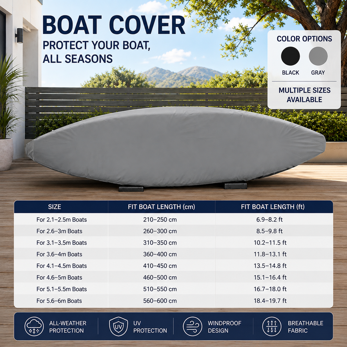 Heavy-Duty 600D Oxford Kayak Cover Waterproof UV-Resistant Canoe Protector with Storage Bag, Universal Fit for Outdoor Patio, Shore & Beach – Full-Season Shield Against Rain, Dust & Sun (Black, For 2.6‑3 m (8.5‑9.8 ft) boat)