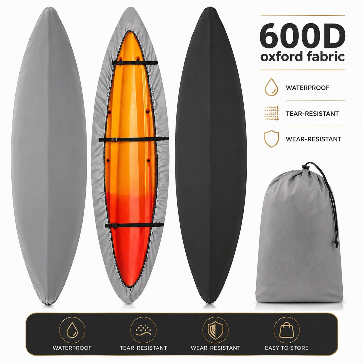 Heavy-Duty 600D Oxford Kayak Cover Waterproof UV-Resistant Canoe Protector with Storage Bag, Universal Fit for Outdoor Patio, Shore & Beach – Full-Season Shield Against Rain, Dust & Sun (Grey, For 2.6‑3 m (8.5‑9.8 ft) boat)