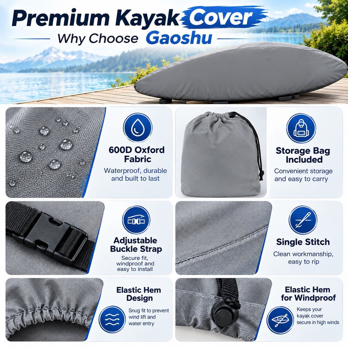 Heavy-Duty 600D Oxford Kayak Cover Waterproof UV-Resistant Canoe Protector with Storage Bag, Universal Fit for Outdoor Patio, Shore & Beach – Full-Season Shield Against Rain, Dust & Sun (Grey, For 2.6‑3 m (8.5‑9.8 ft) boat)