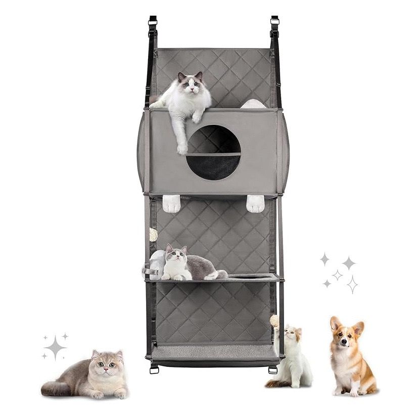 Space-Saving Door Hanging Cat Shelves with Cozy Enclosed Condo and Open Lounging Platforms, a Four-Tier Vertical Climbing Haven for Multi-Cat Households to Rest, Play, and Watch the World from Above (Grey)