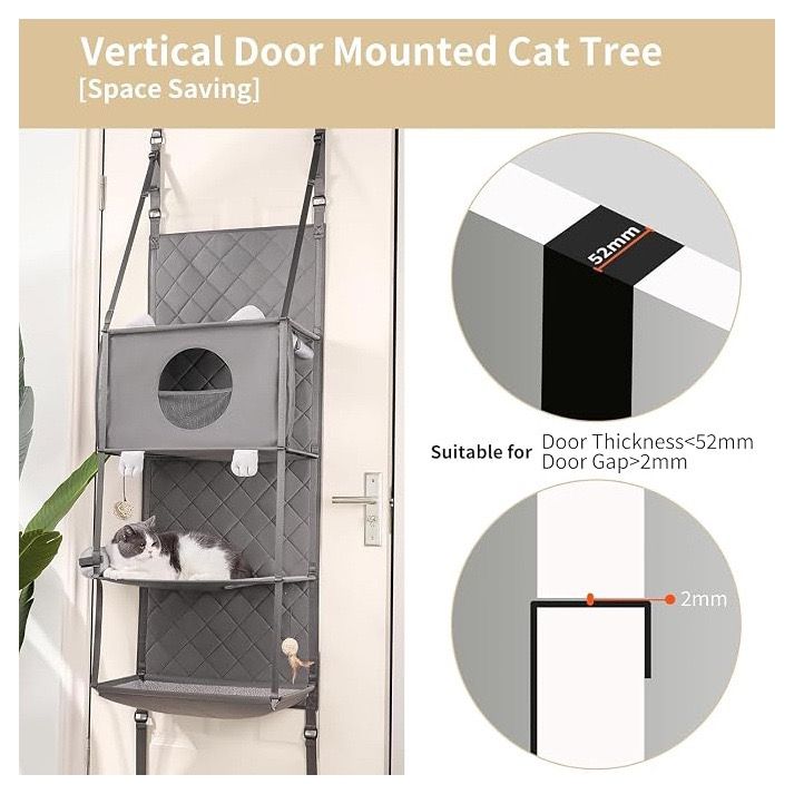 Space-Saving Door Hanging Cat Shelves with Cozy Enclosed Condo and Open Lounging Platforms, a Four-Tier Vertical Climbing Haven for Multi-Cat Households to Rest, Play, and Watch the World from Above (Grey)