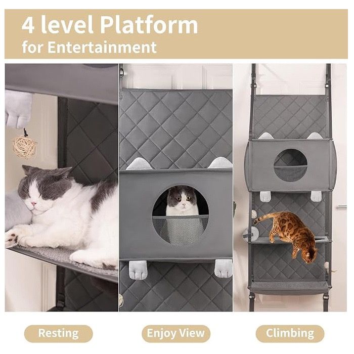 Space-Saving Door Hanging Cat Shelves with Cozy Enclosed Condo and Open Lounging Platforms, a Four-Tier Vertical Climbing Haven for Multi-Cat Households to Rest, Play, and Watch the World from Above (Grey)