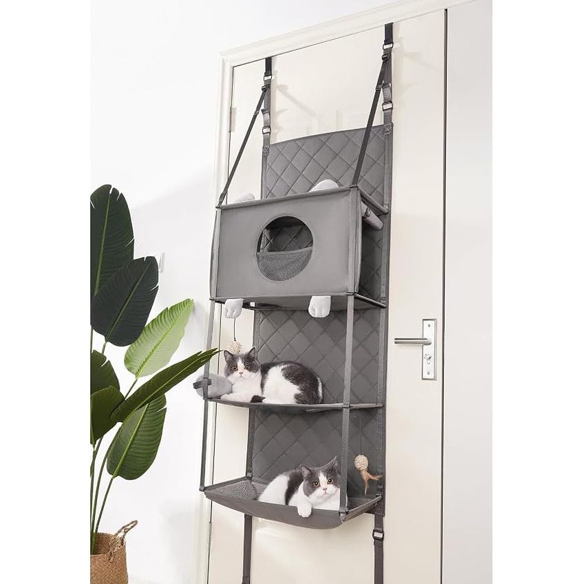 Space-Saving Door Hanging Cat Shelves with Cozy Enclosed Condo and Open Lounging Platforms, a Four-Tier Vertical Climbing Haven for Multi-Cat Households to Rest, Play, and Watch the World from Above (Grey)