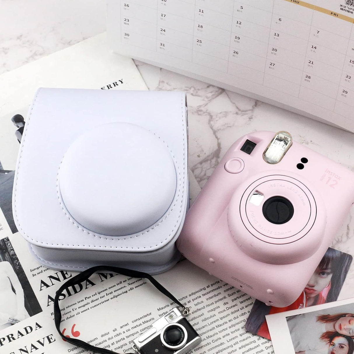 Protective Case Compatible with Fujifilm Instax Mini 12 11 9 8 Instant Film Camera with Pocket and Adjustable Strap (White)