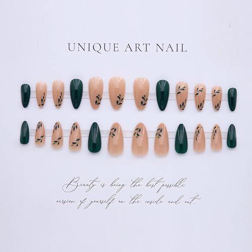 Reusable almond-shaped press-on nails for DIY manicures and daily wear (Deep Forest Green)