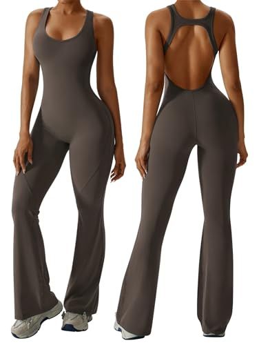 Sleeveless Open Back Flared Jumpsuit for Workout, Yoga, Casual Everyday & Occasions, L (dark brown)