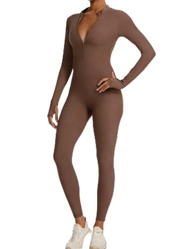 Long-Sleeve Zip-Up Bodycon Jumpsuit for Yoga, Workouts, and Casual Everyday Wear, XL (Brown)