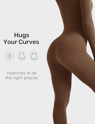Long-Sleeve Zip-Up Bodycon Jumpsuit for Yoga, Workouts, and Casual Everyday Wear, XL (Brown)