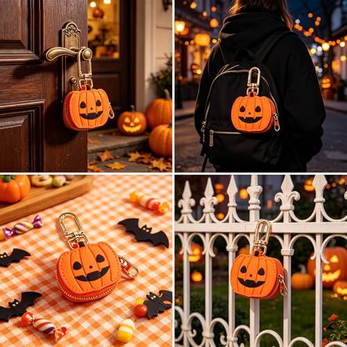 Cute Halloween Pumpkin & Spider Web Keychain Pouches For Bags & Backpacks (Orange)