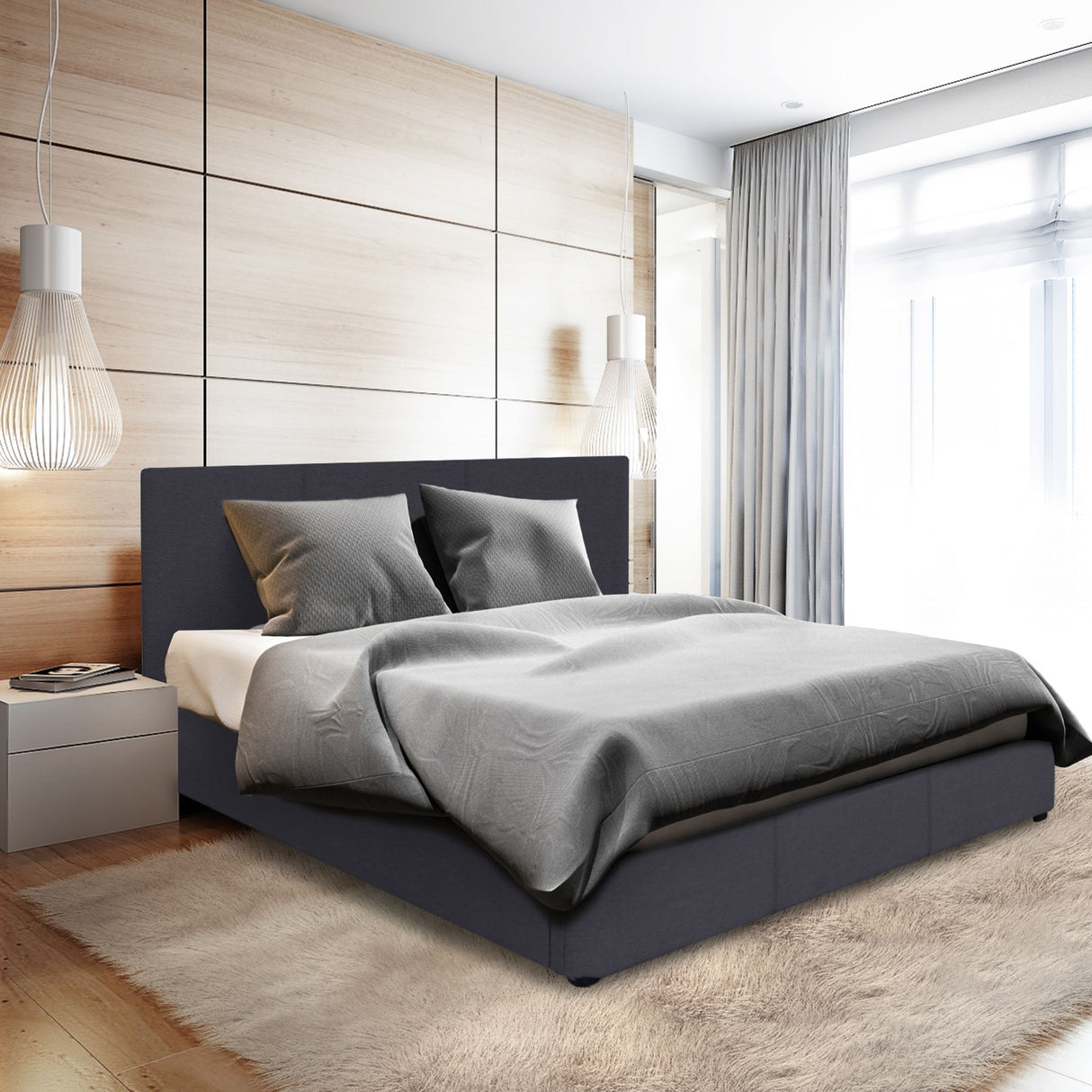 Milano Luxury Gas Lift Bed Frame Base And Headboard With Storage - Single - Charcoal