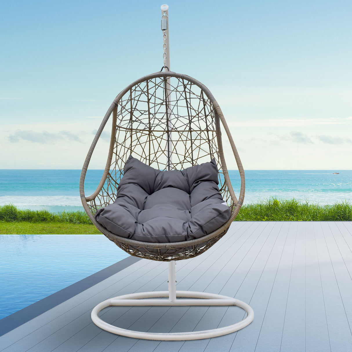 Arcadia Furniture Rocking Egg Chair Swing Lounge Hammock Pod Wicker Curved - Oatmeal and Grey