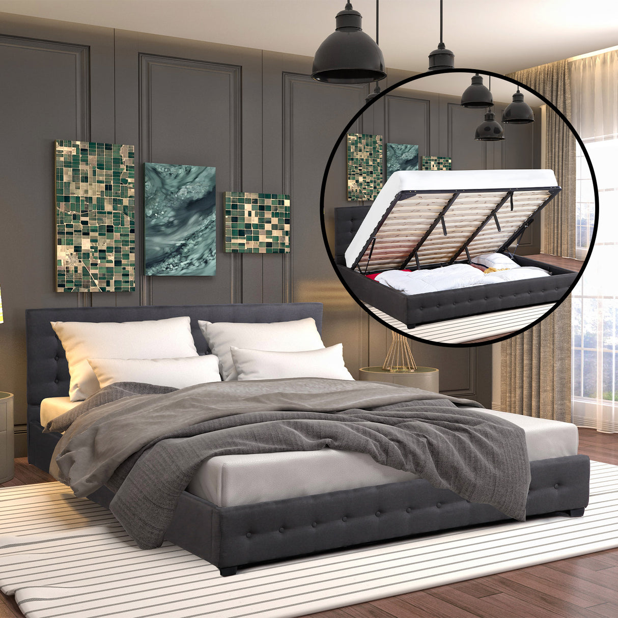 Milano Decor Eden Gas Lift Bed With Headboard Platform Storage Dark Grey Fabric - King - Dark Grey