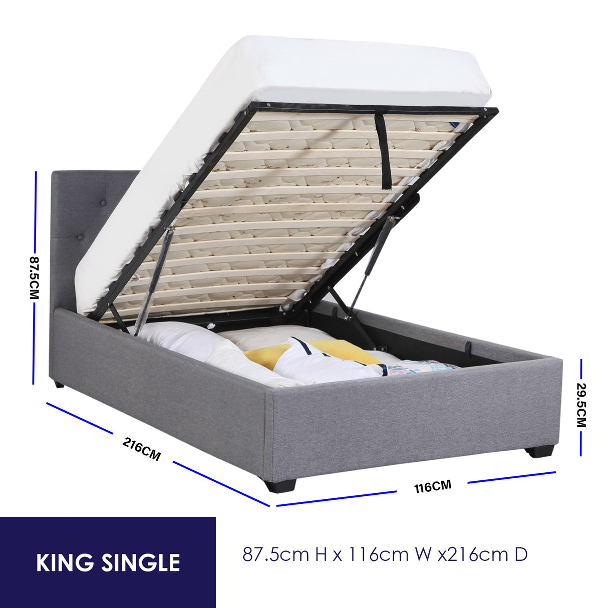 Milano Capri Luxury Gas Lift Bed Frame Base And Headboard With Storage - King Single - Grey