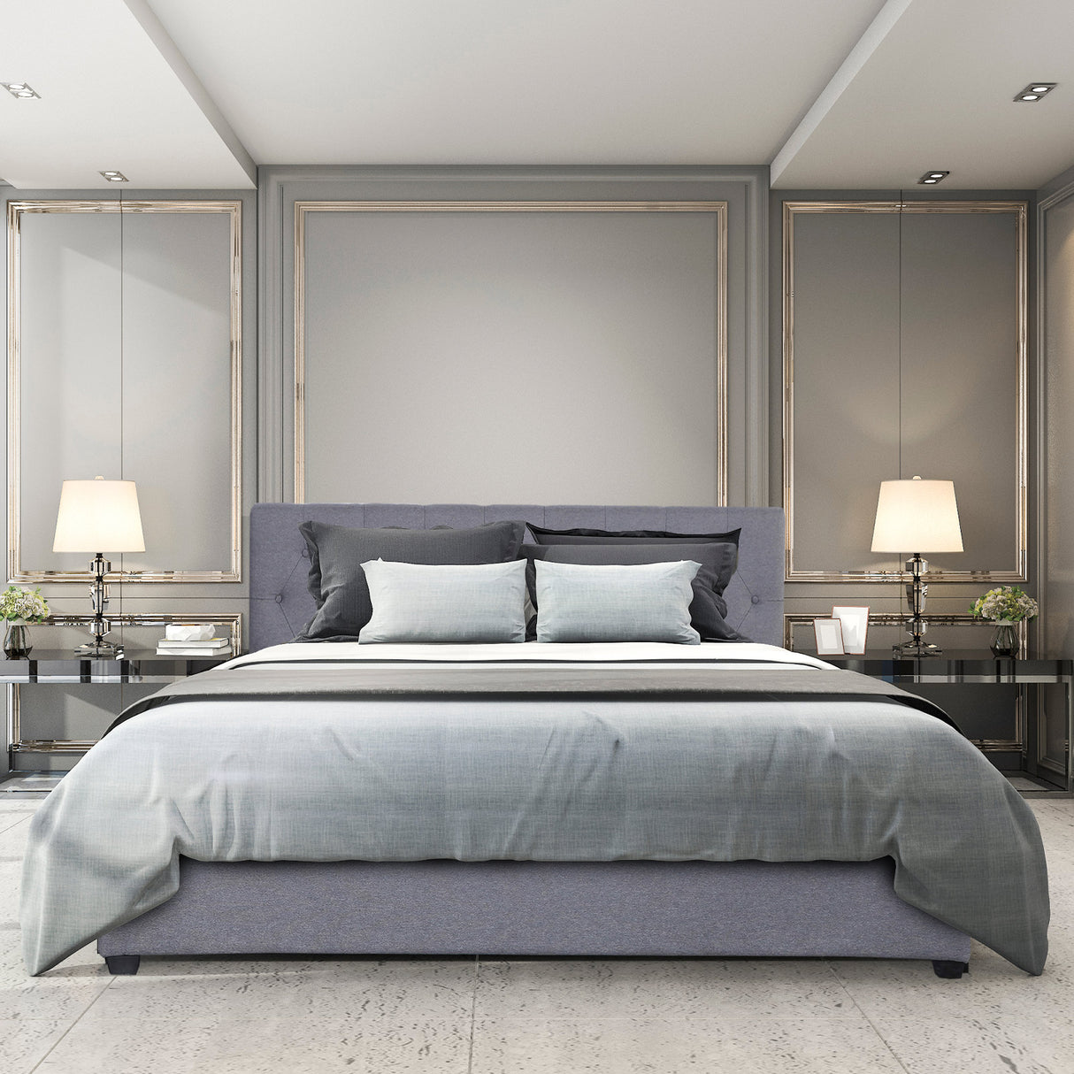 Milano Capri Luxury Gas Lift Bed Frame Base And Headboard With Storage - King Single - Grey