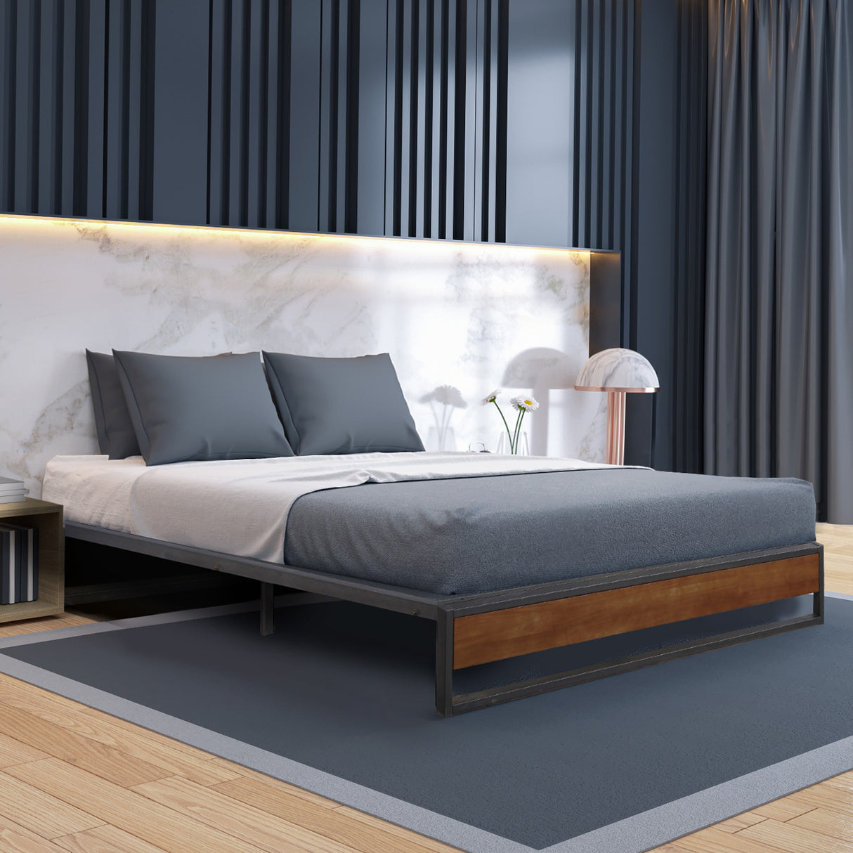 Milano Decor Sorrento Metal Wood Bed Frame Mattress Base Platform Modern Black - Single - Black