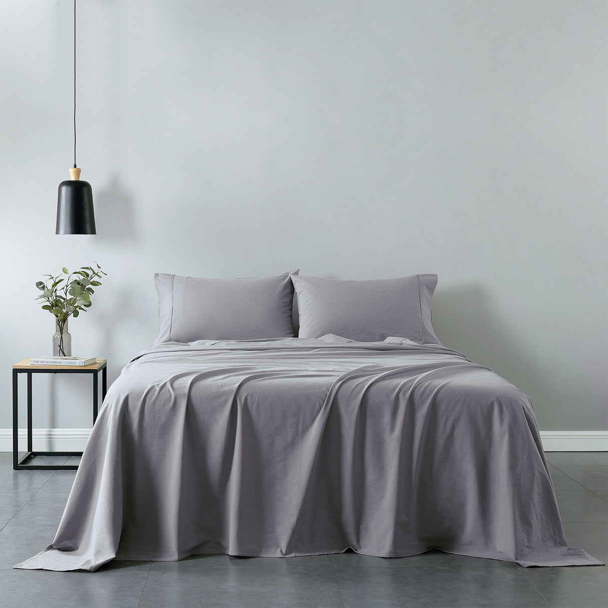 Royal Comfort Vintage Washed 100% Cotton Sheet Set Fitted Flat Sheet Pillowcases - Queen - Grey