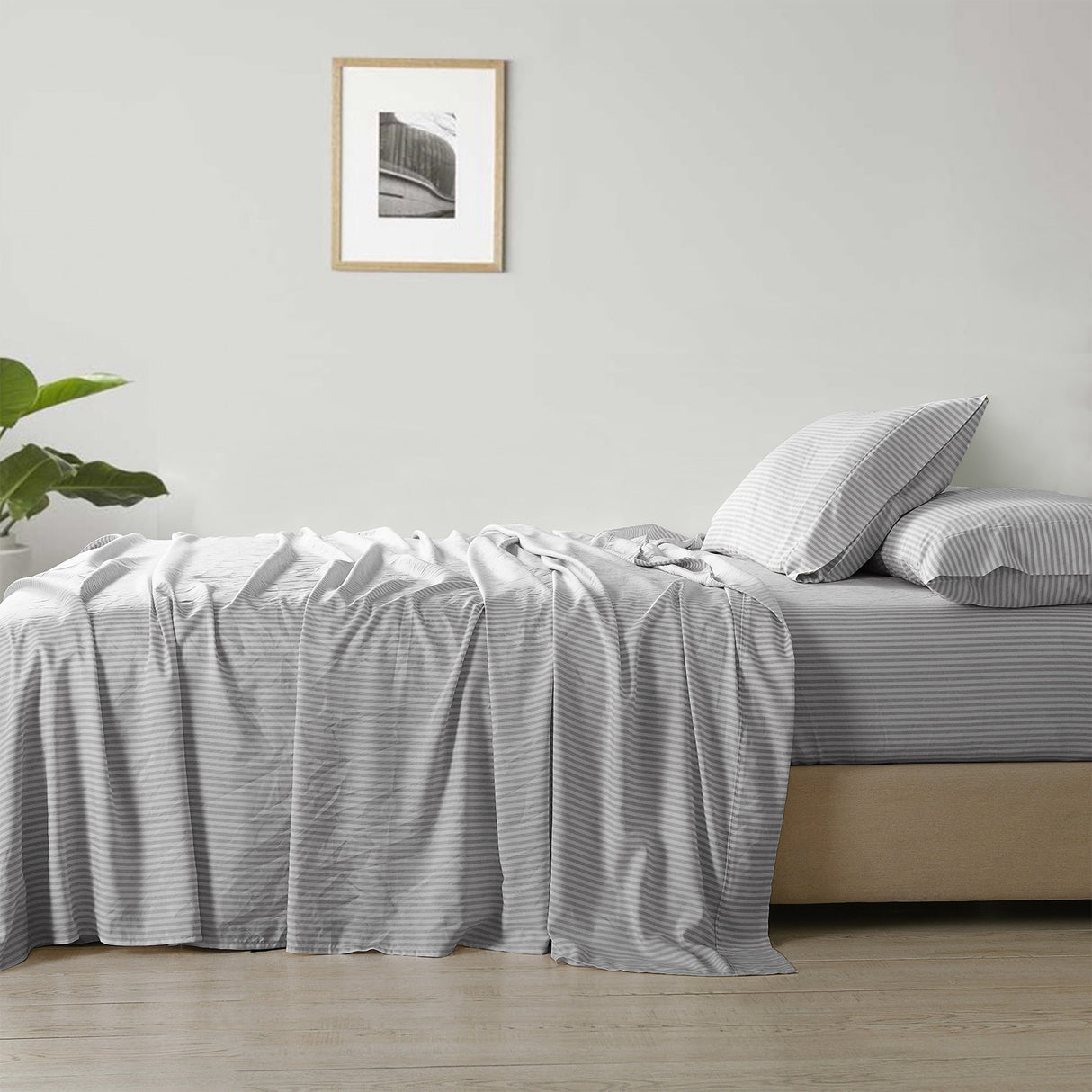 Royal Comfort Stripes Linen Blend Sheet Set Bedding Luxury Breathable Ultra Soft - Queen - Grey