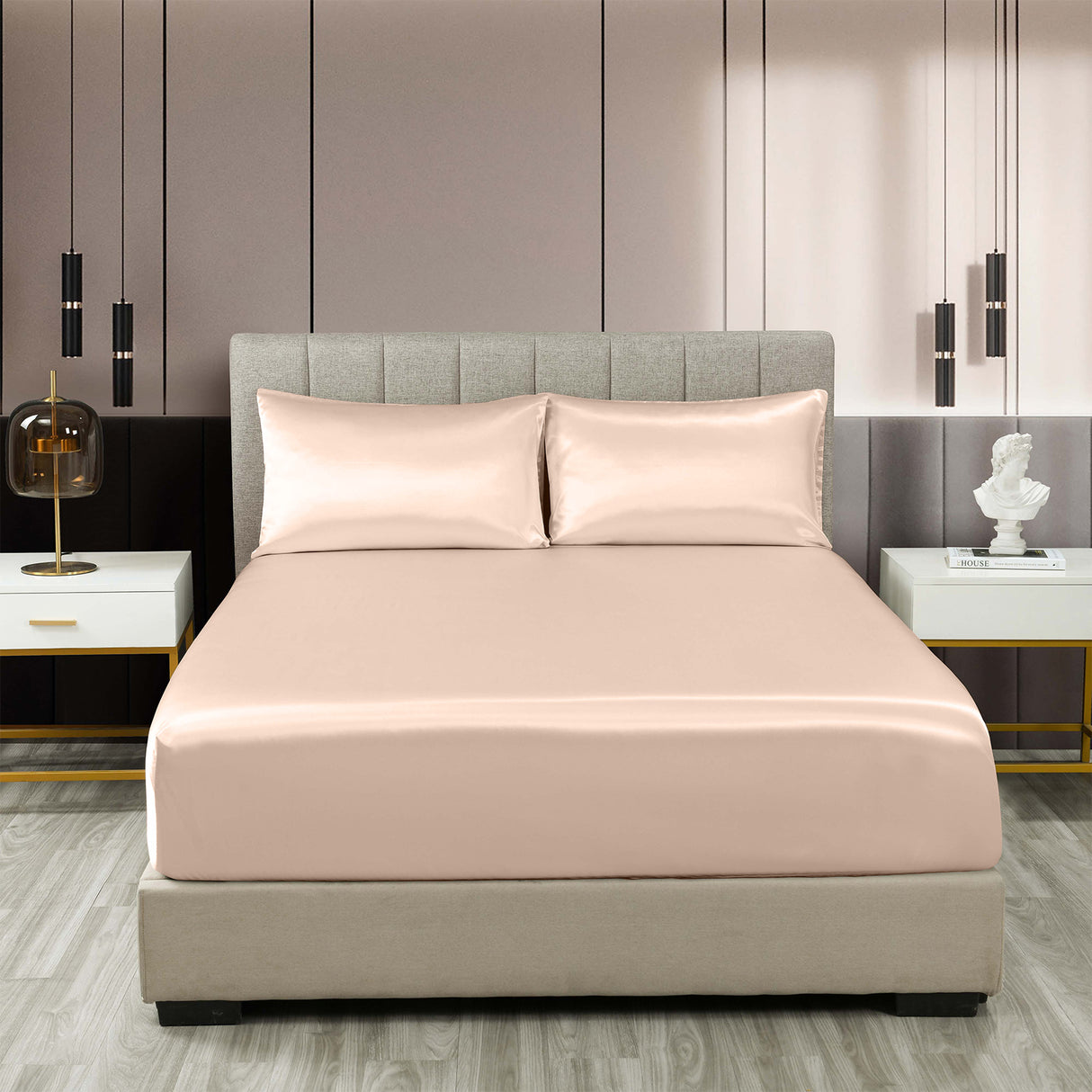 Royal Comfort Satin Sheet Set 3 Piece Fitted Sheet Pillowcase Soft - King - Champagne Pink