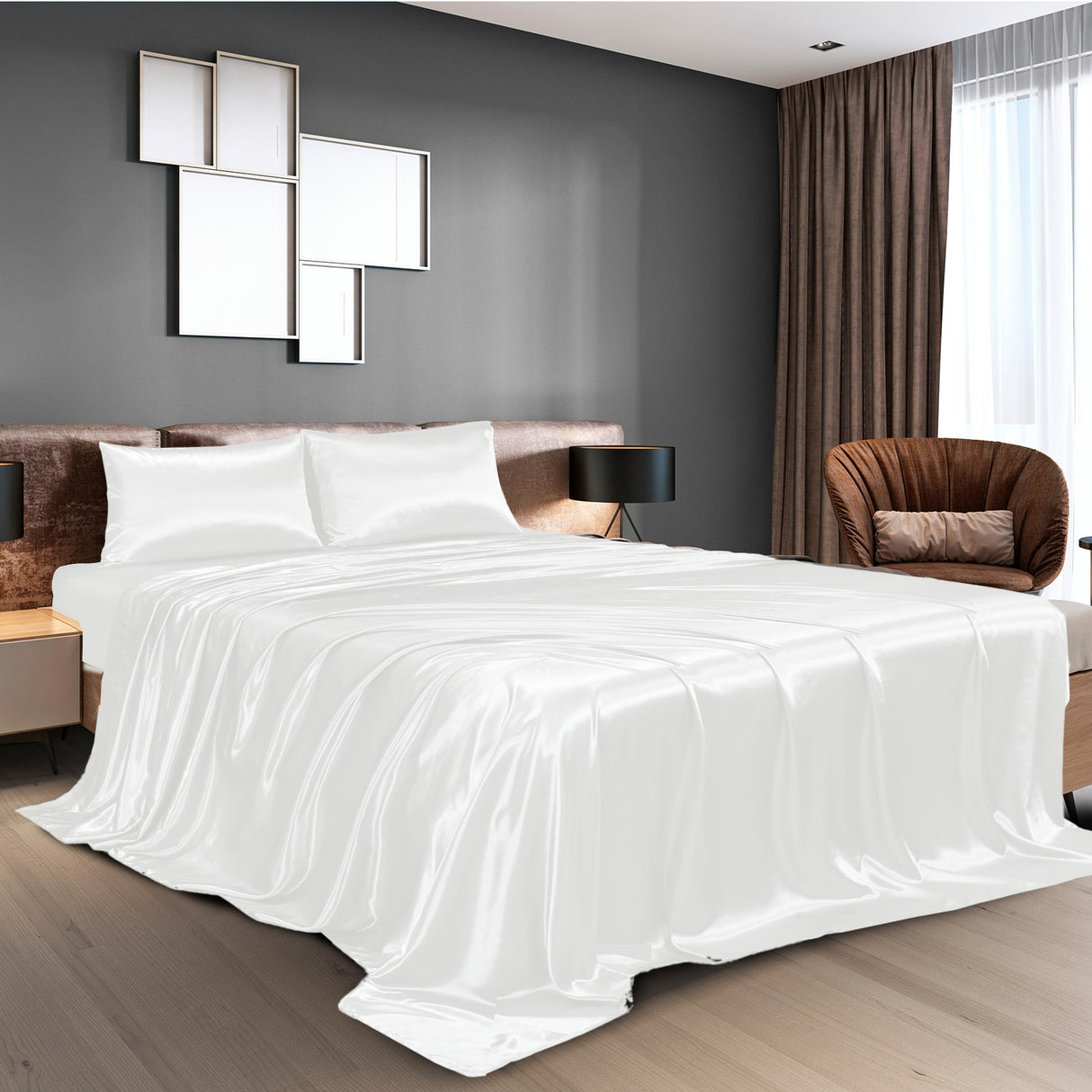 Royal Comfort Satin Sheet Set 4 Piece Fitted Flat Sheet Pillowcases - Queen - White