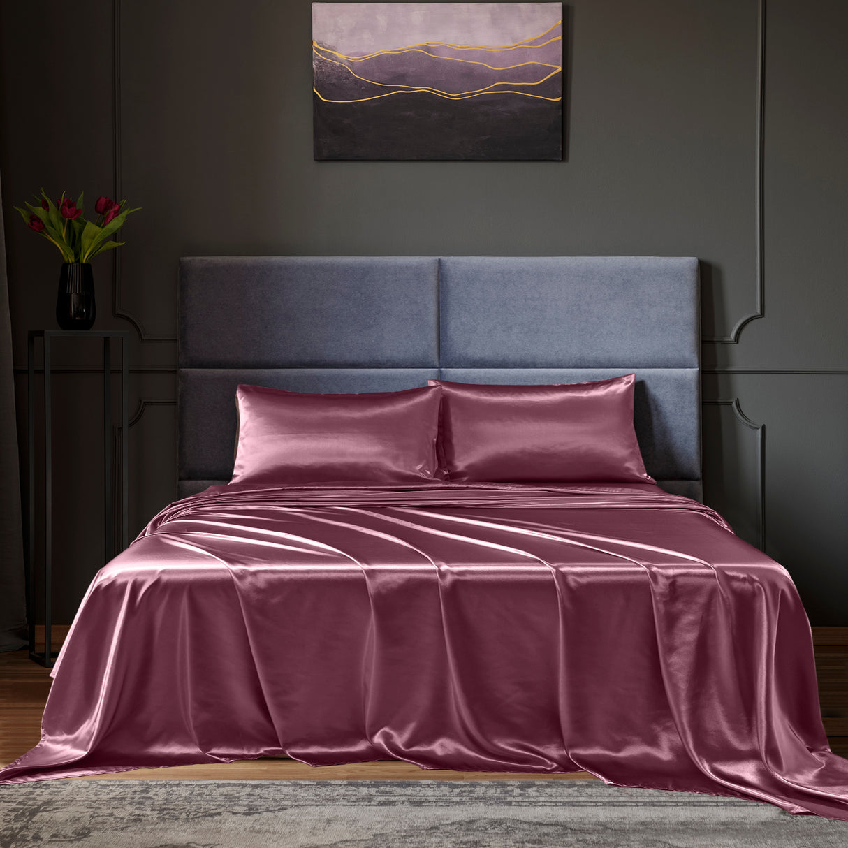 Royal Comfort Satin Sheet Set 4 Piece Fitted Flat Sheet Pillowcases - Queen - Malaga Wine