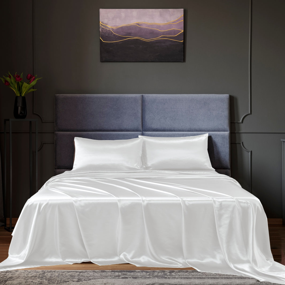 Royal Comfort Satin Sheet Set 4 Piece Fitted Flat Sheet Pillowcases - King - White