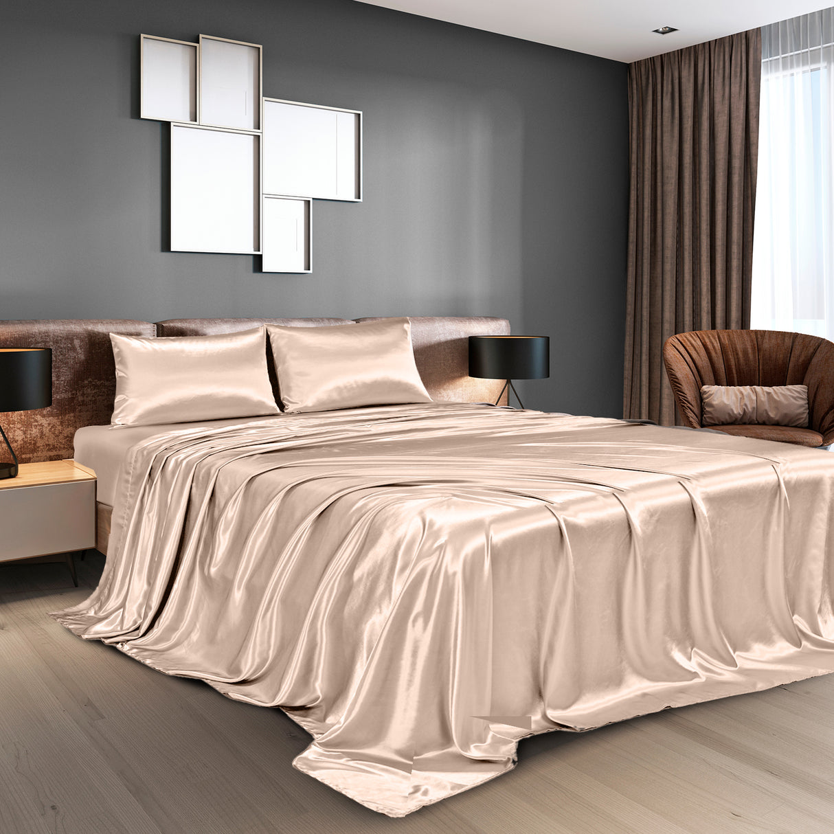 Royal Comfort Satin Sheet Set 4 Piece Fitted Flat Sheet Pillowcases - King - Champagne Pink