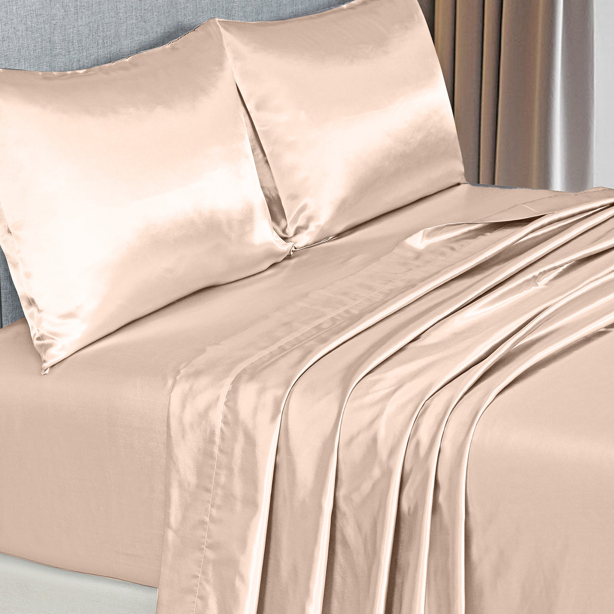 Royal Comfort Satin Sheet Set 4 Piece Fitted Flat Sheet Pillowcases - King - Champagne Pink