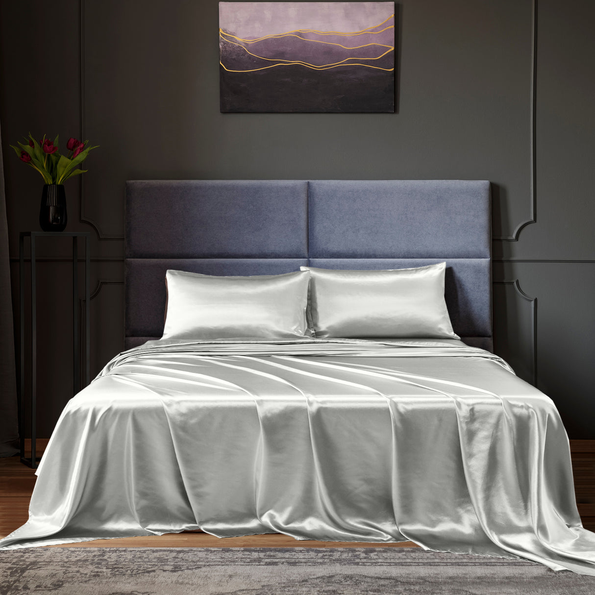 Royal Comfort Satin Sheet Set 4 Piece Fitted Flat Sheet Pillowcases - King - Silver