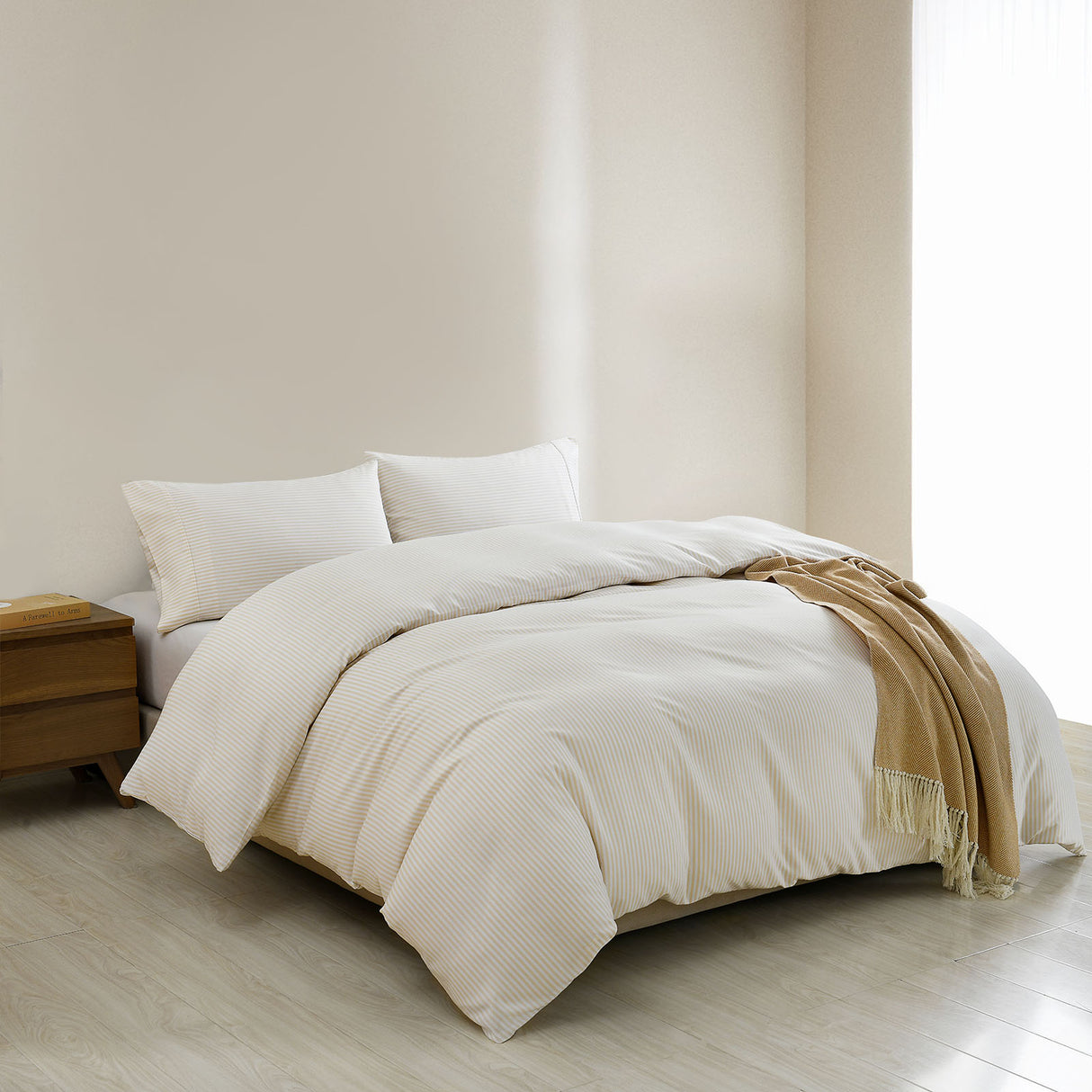 Royal Comfort Striped Flax Linen Blend Quilt Cover Set Soft Touch Bedding - Queen - Beige