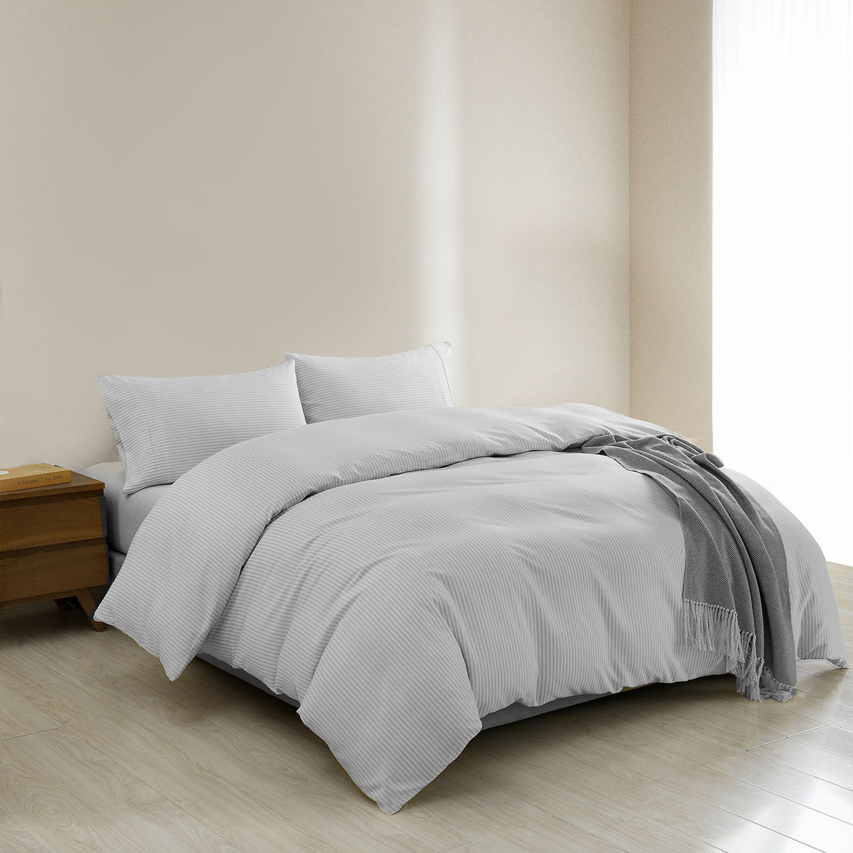 Royal Comfort Striped Flax Linen Blend Quilt Cover Set Soft Touch Bedding - Queen - Grey