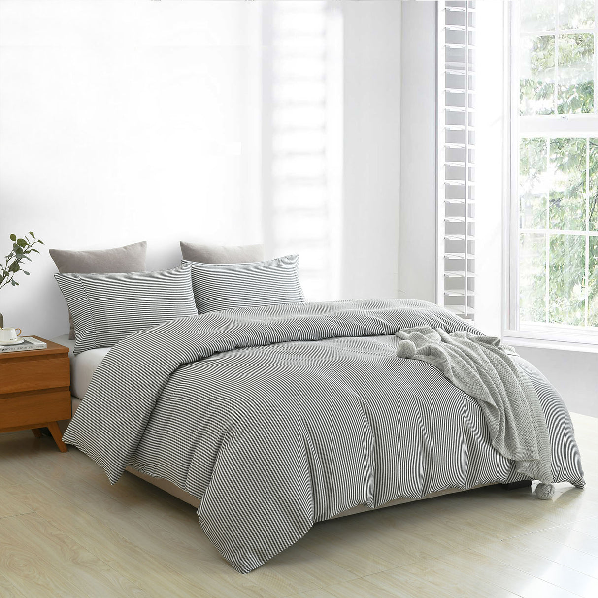 Royal Comfort Striped Flax Linen Blend Quilt Cover Set Soft Touch Bedding - King - Charcoal