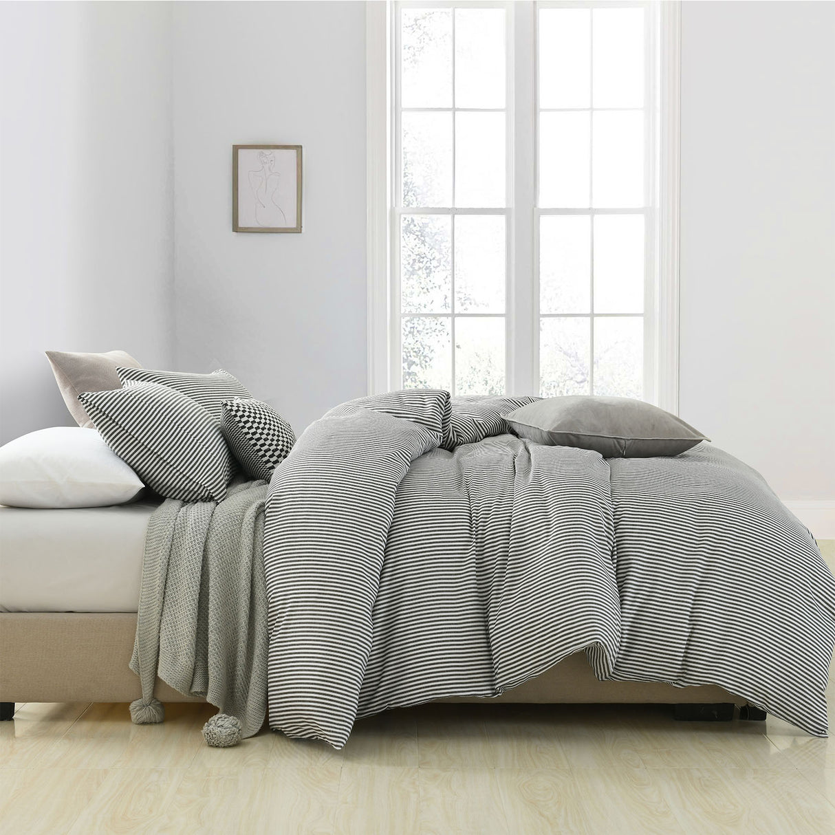 Royal Comfort Striped Flax Linen Blend Quilt Cover Set Soft Touch Bedding - King - Charcoal