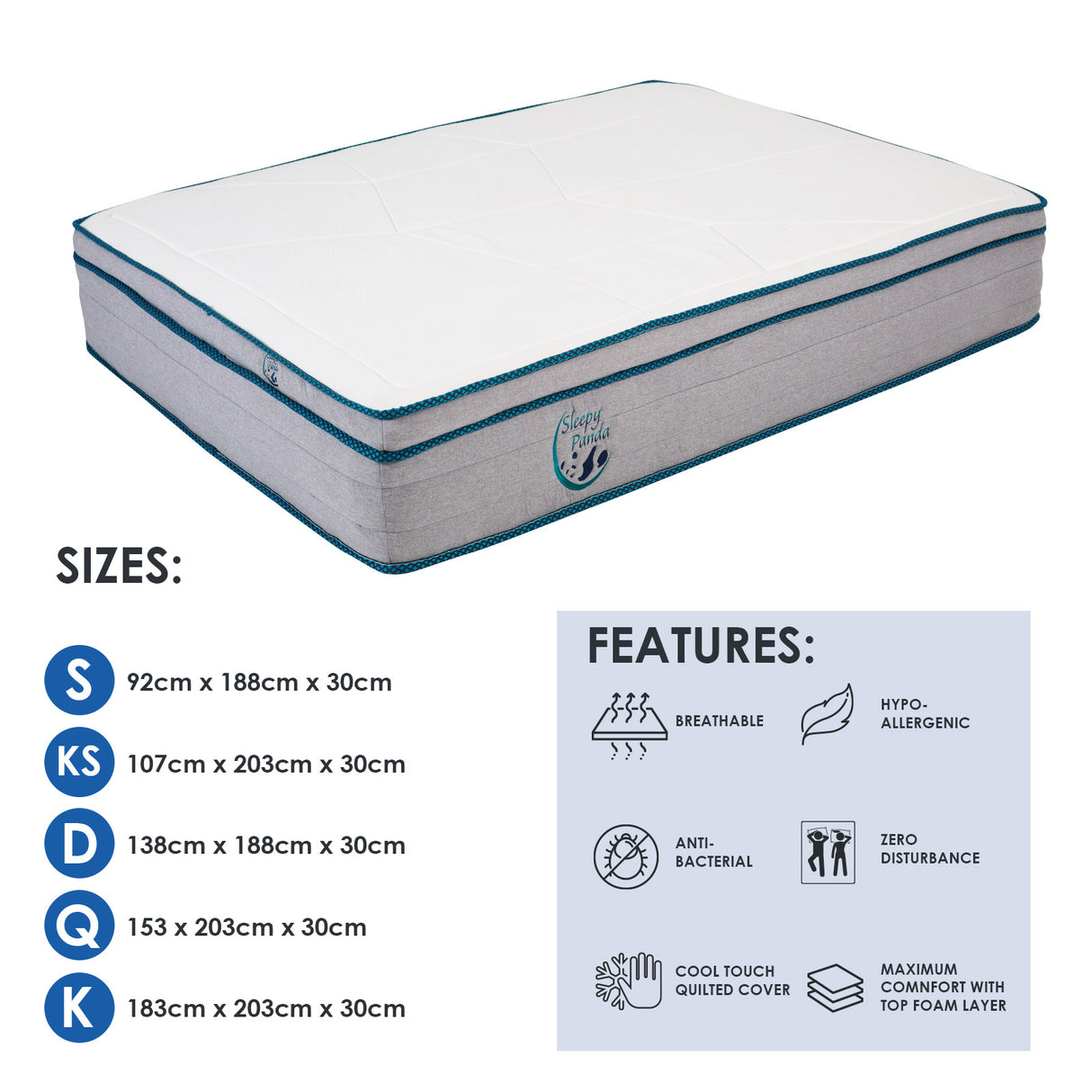 Sleepy Panda Mattress 5 Zone Pocket Spring EuroTop Medium Firm 30cm Thickness - Queen - White Grey Blue